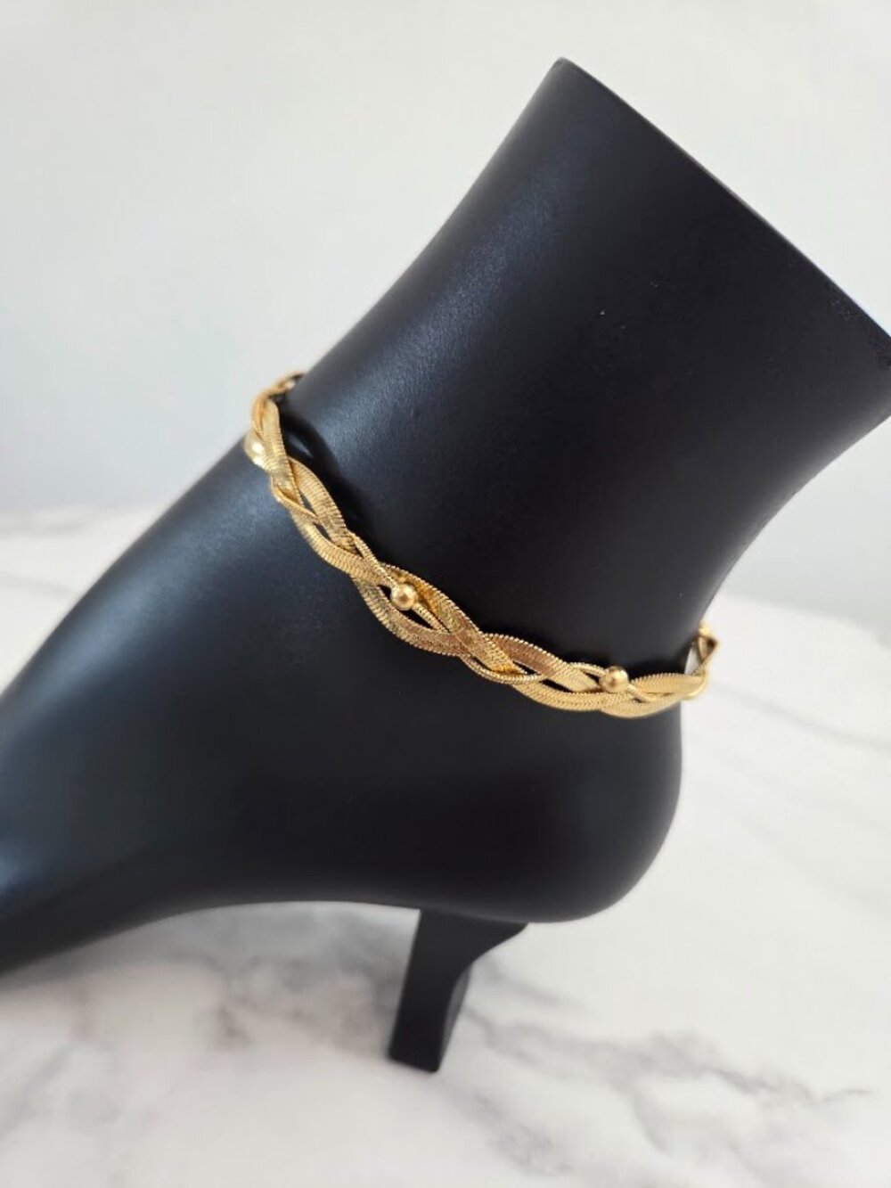 Vintage Gold Braided Herringbone Anklet Chevron Chain Anklet with Beads - Picture 3 of 12